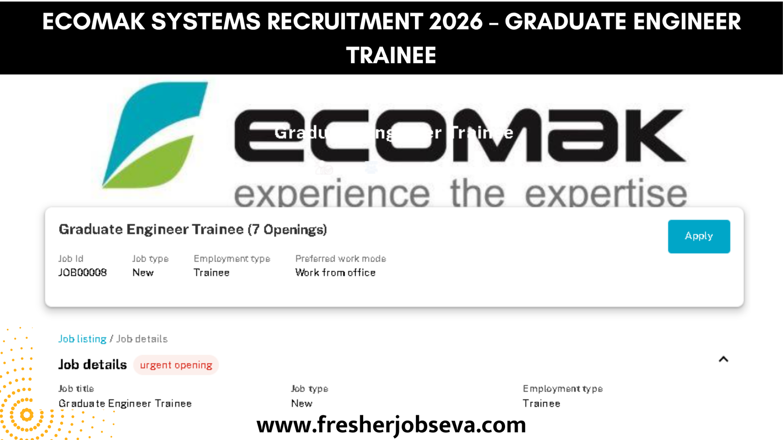 Ecomak Systems Recruitment 2026 – Graduate Engineer Trainee